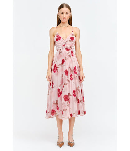 Pink Floral Printed Pleated Midi Dress - Unique Vintage - Womens, DRESSES, MIDI