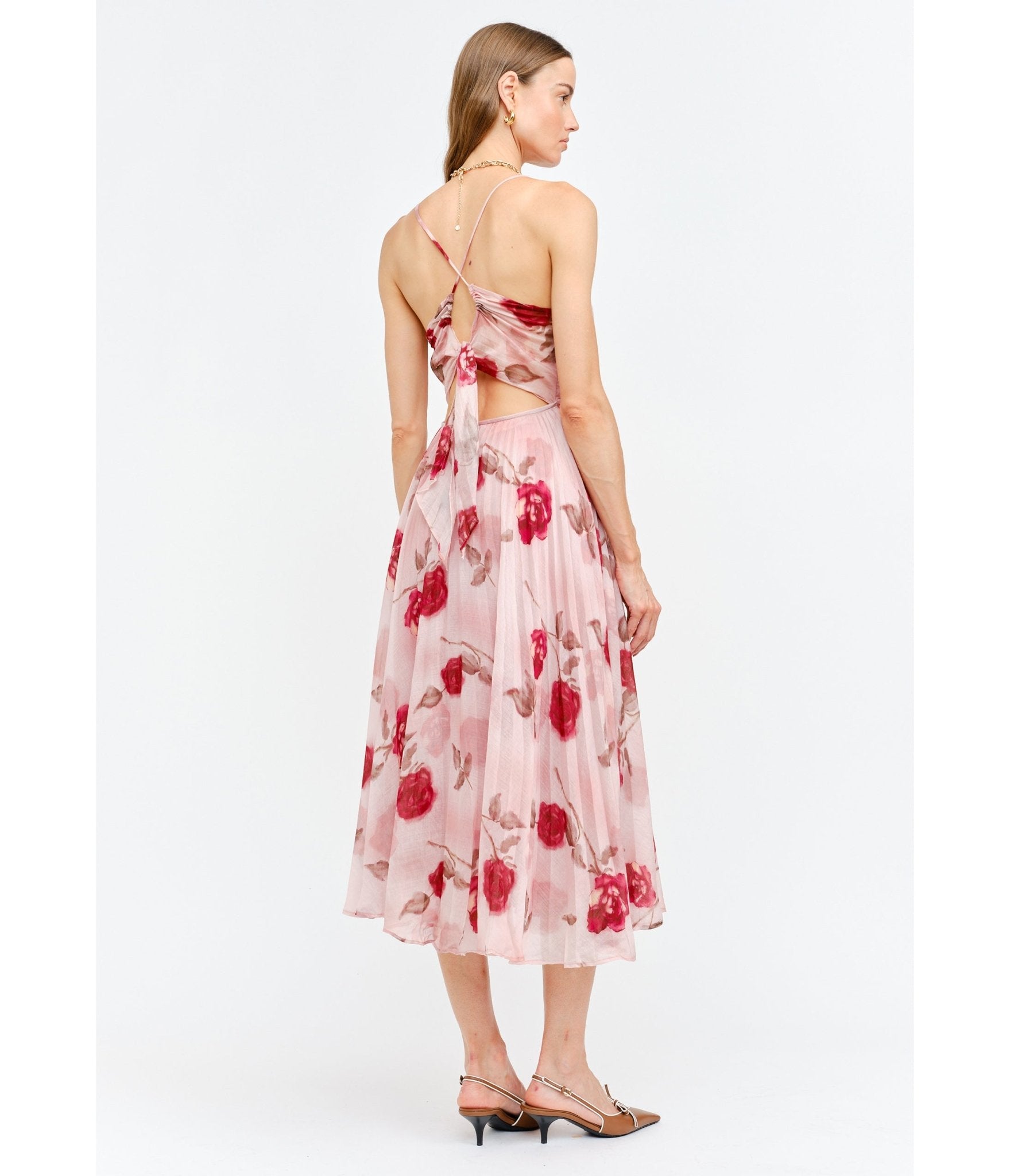 Pink Floral Printed Pleated Midi Dress - Unique Vintage - Womens, DRESSES, MIDI