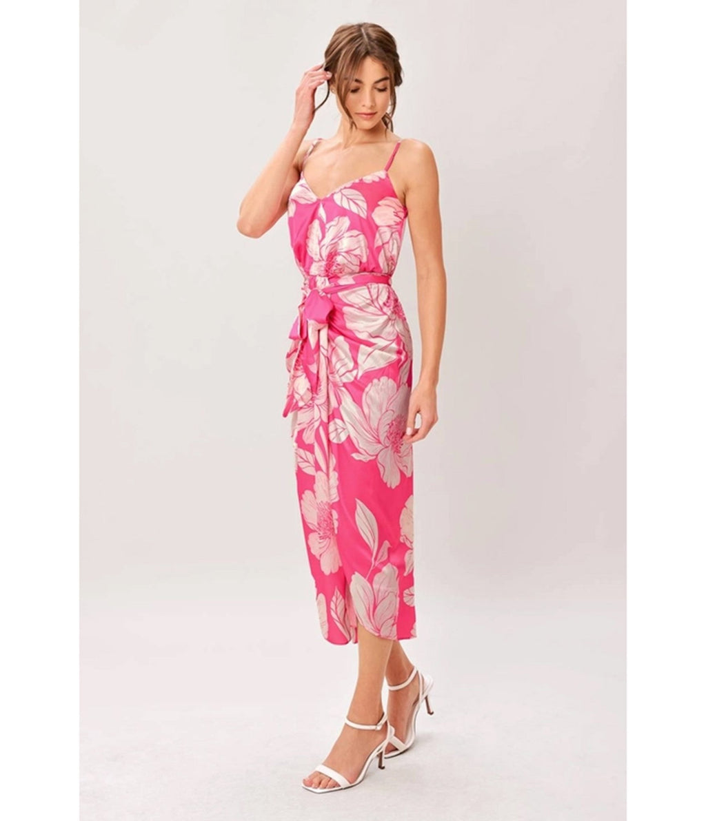 Pink Floral Sarong Midi Dress - Unique Vintage - Womens, DRESSES, MIDI