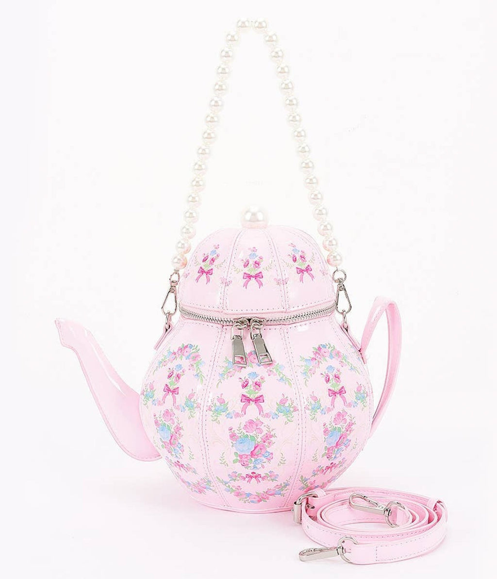 Pink Floral Teapot Handbag - Unique Vintage - Womens, ACCESSORIES, HANDBAGS