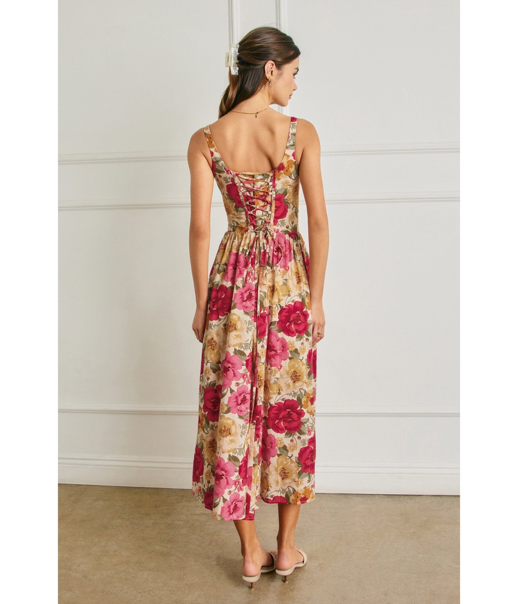 Pink Floral Tie Strap Midi Dress - Unique Vintage - Womens, DRESSES, MIDI