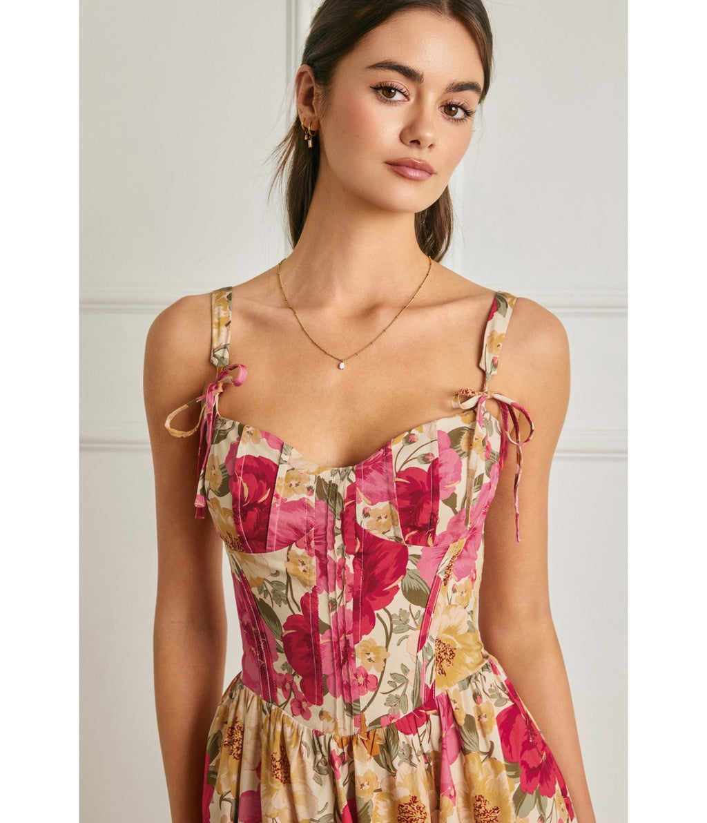 Pink Floral Tie Strap Midi Dress - Unique Vintage - Womens, DRESSES, MIDI