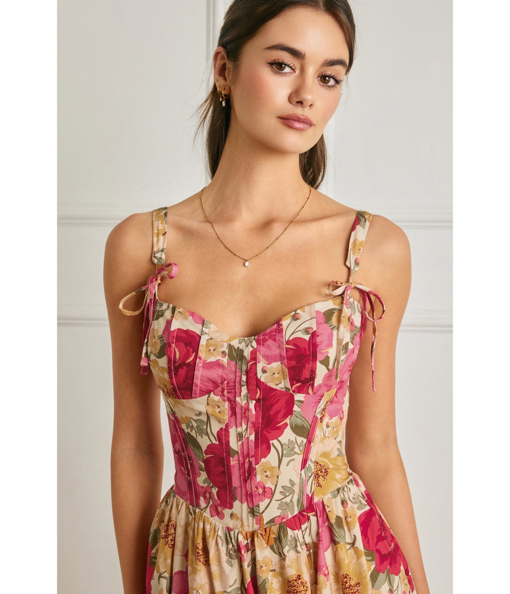 Pink Floral Tie Strap Midi Dress - Unique Vintage - Womens, DRESSES, MIDI
