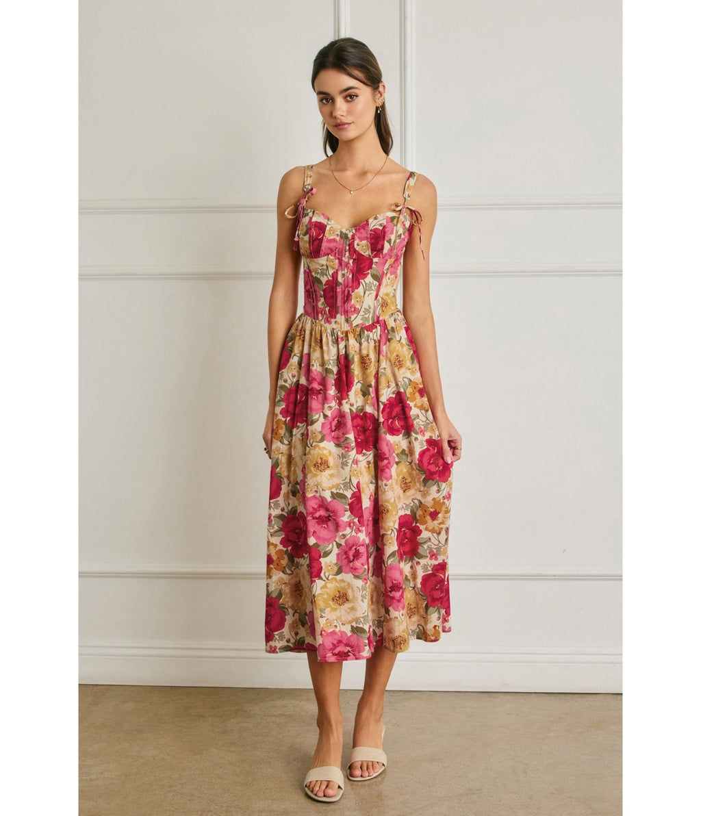 Pink Floral Tie Strap Midi Dress - Unique Vintage - Womens, DRESSES, MIDI