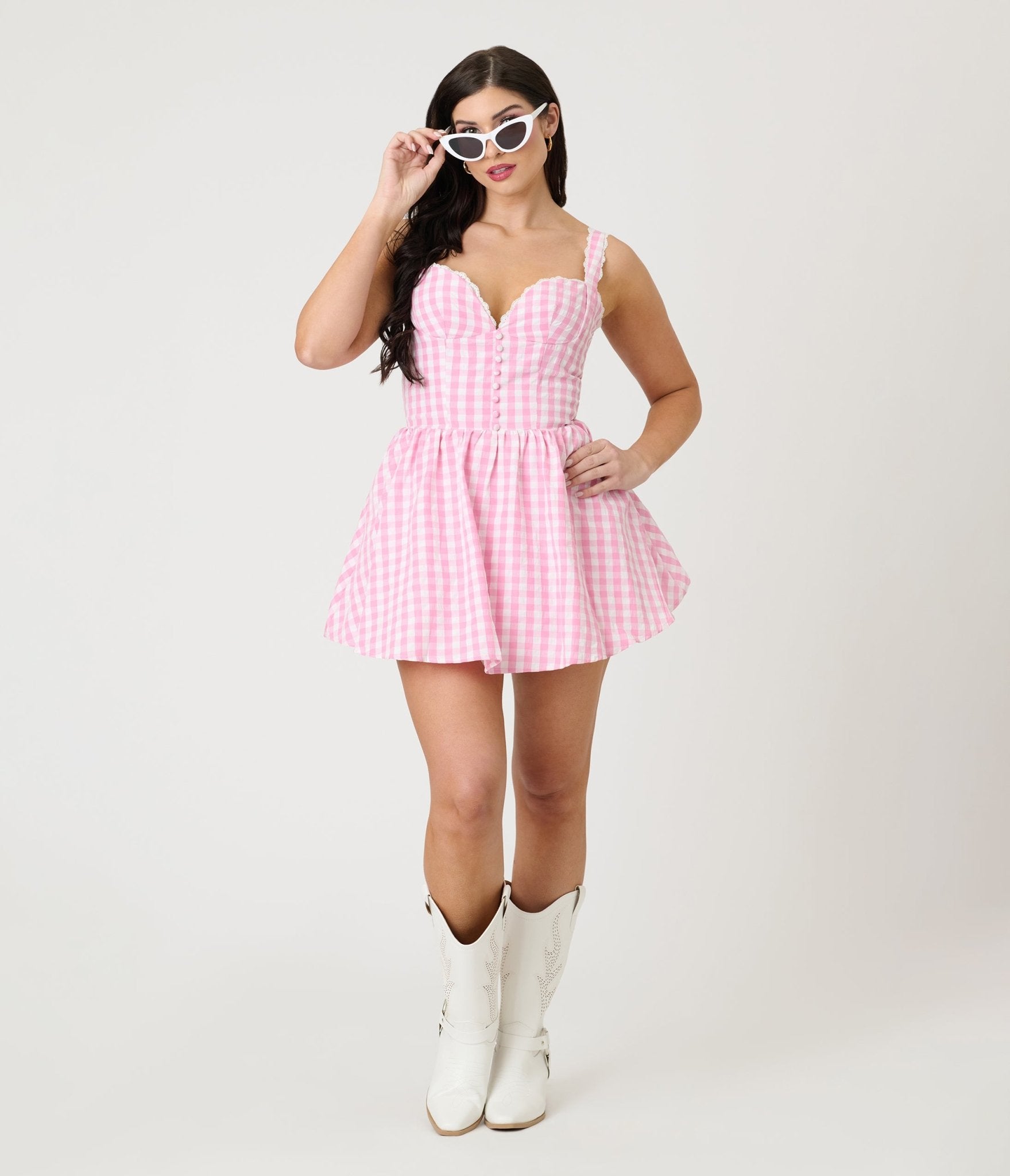 Pink Gingham Sweetheart Mini Dress - Unique Vintage - Womens, DRESSES, FIT AND FLARE