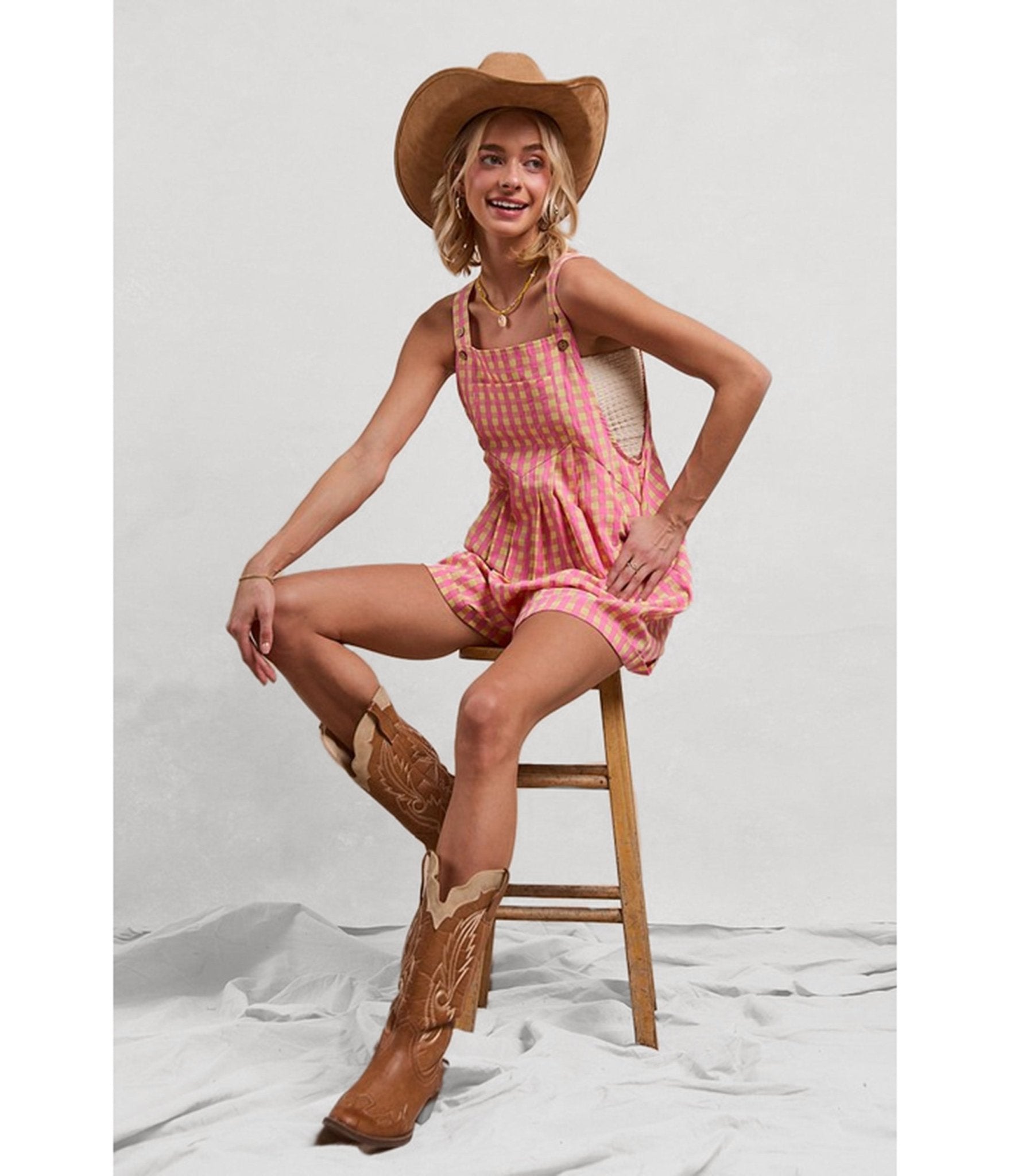 Pink Gingham Textured Romper - Unique Vintage - Womens, BOTTOMS, ROMPERS AND JUMPSUITS
