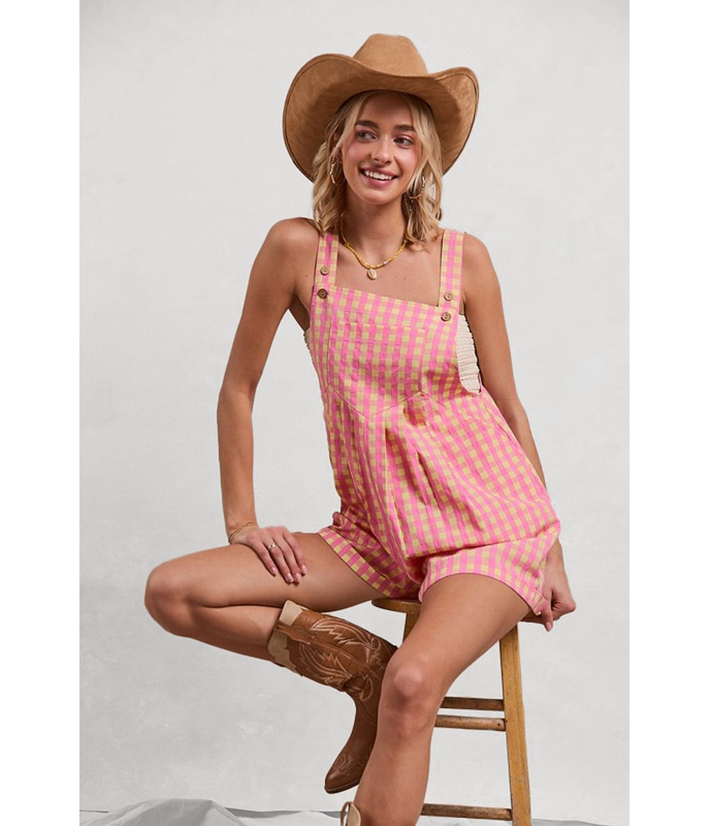 Pink Gingham Textured Romper - Unique Vintage - Womens, BOTTOMS, ROMPERS AND JUMPSUITS