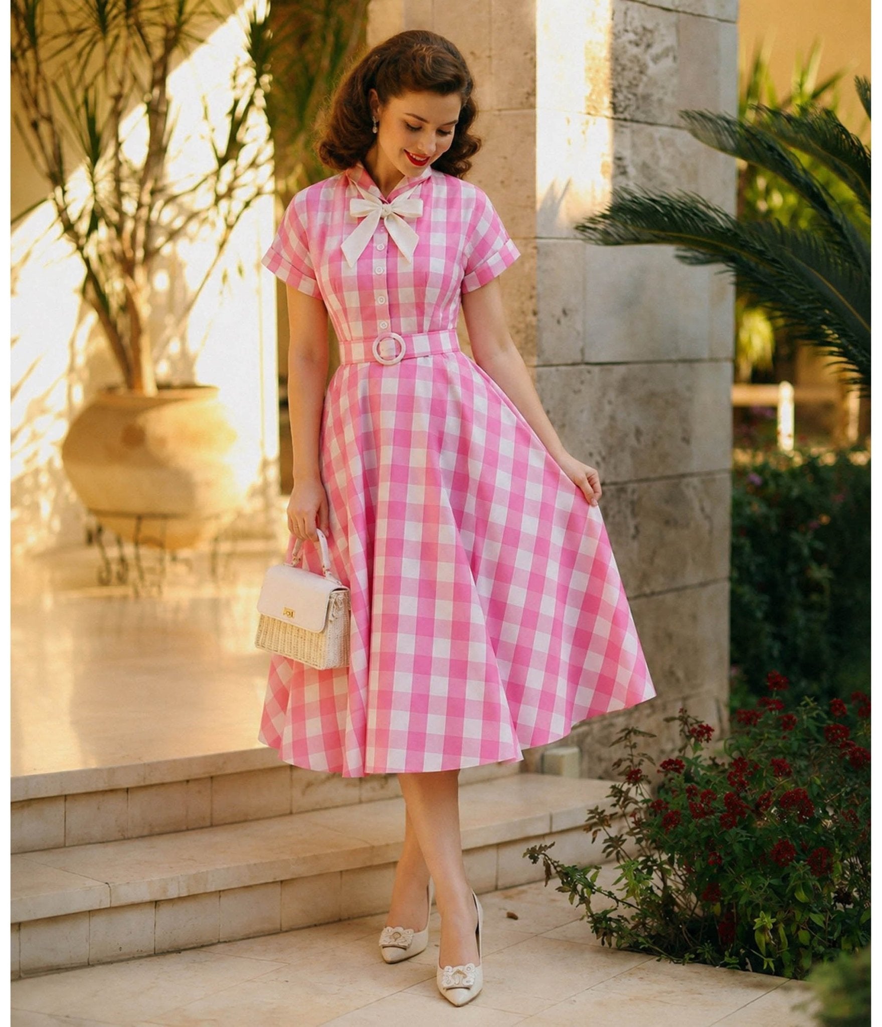 Pink Gingham & White Scarf Swing Dress - Medium