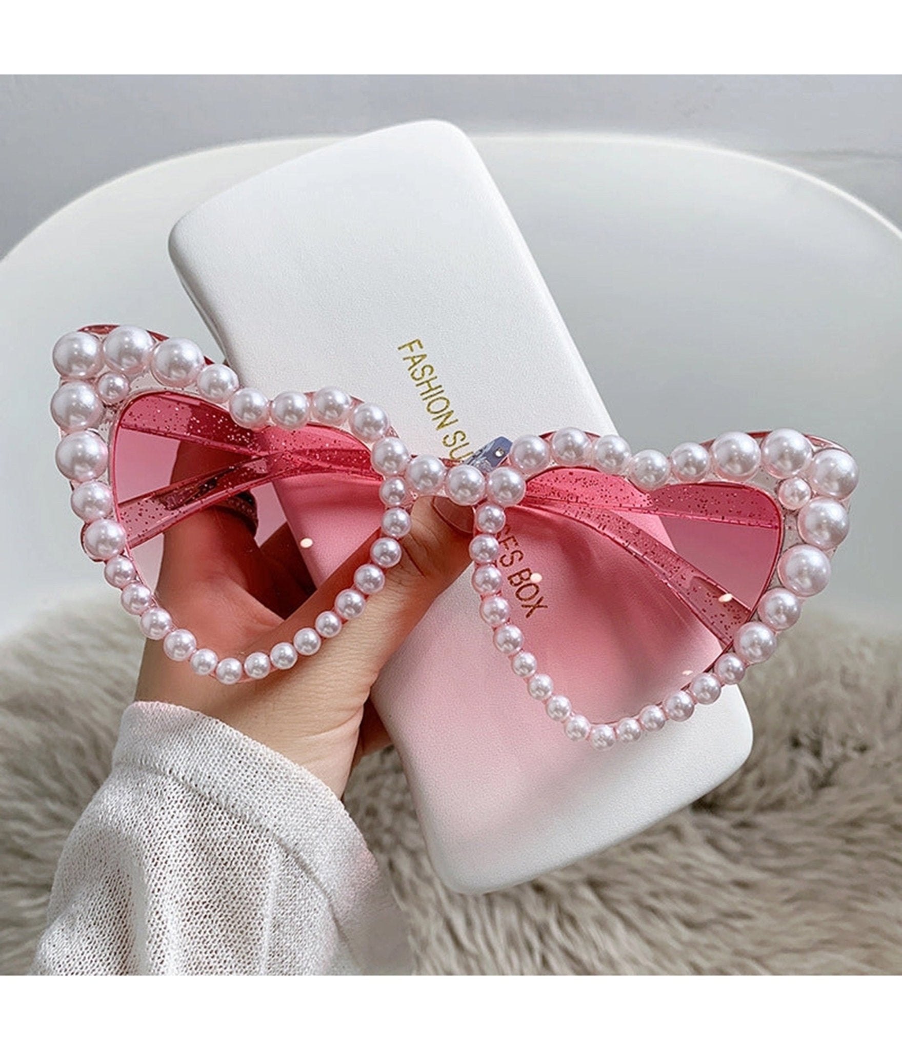 Pink Heart Shaped Pearl Embellished Sunglasses - Unique Vintage - Womens, ACCESSORIES, SUNGLASSES