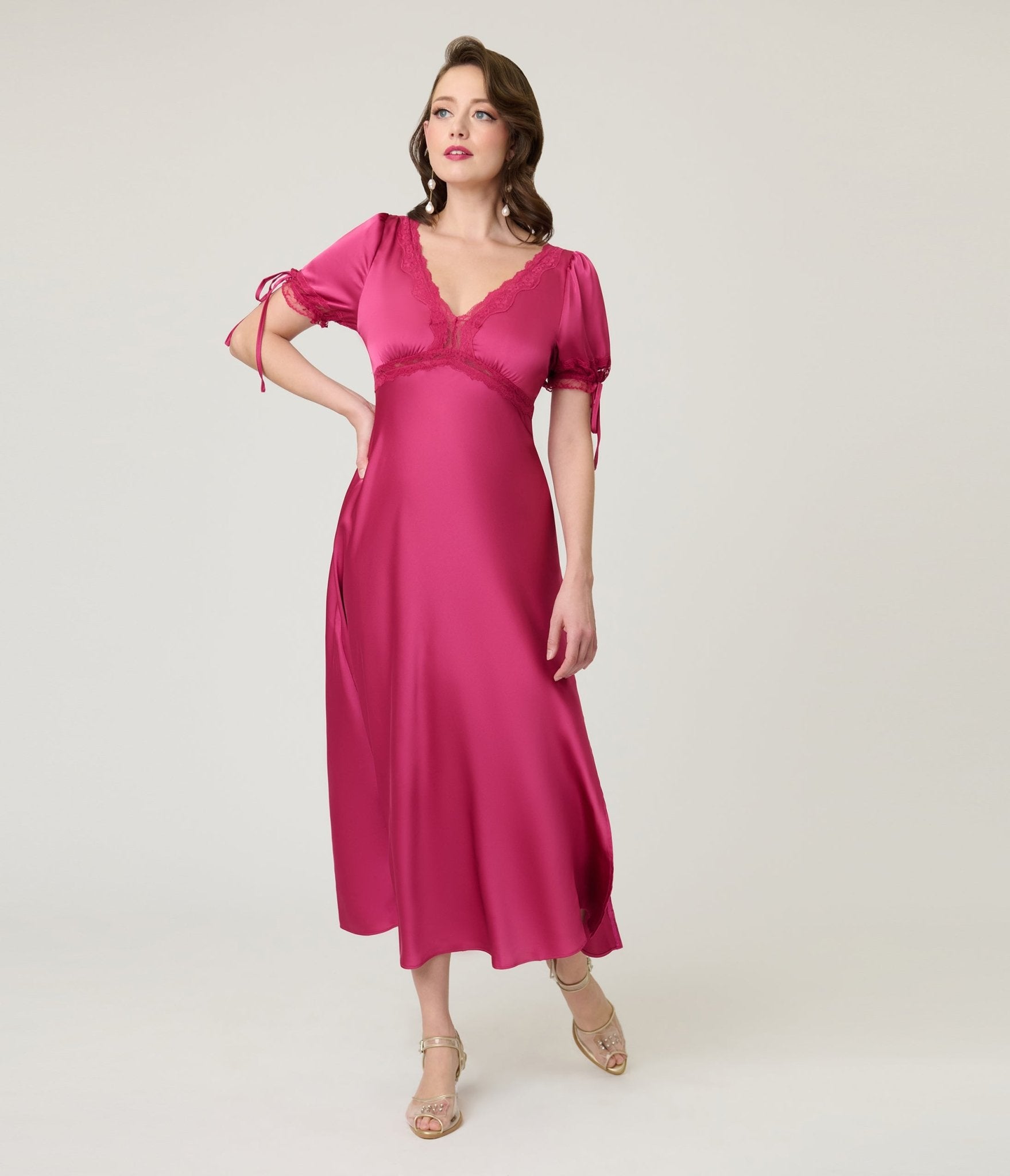 Pink Lace Trim Midi Dress - Unique Vintage - Womens, DRESSES, MIDI