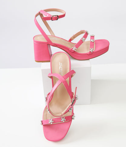 Pink Leatherette & Rhinestone Floral Platform Heels - Unique Vintage - Womens, SHOES, HEELS