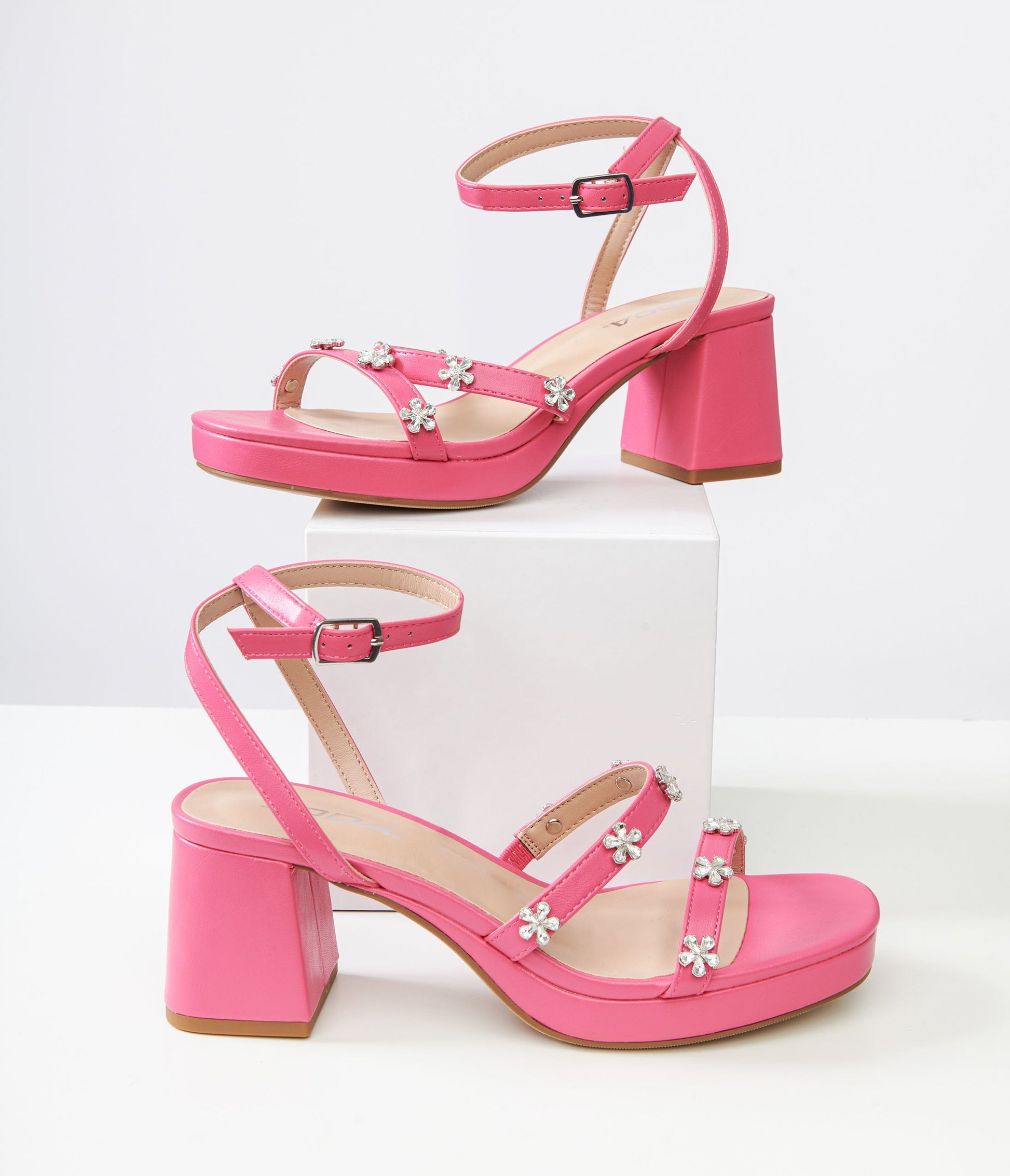 Pink Leatherette & Rhinestone Floral Platform Heels - Unique Vintage - Womens, SHOES, HEELS