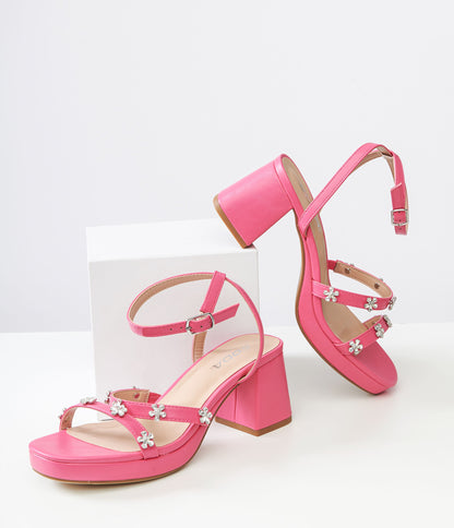 Pink Leatherette & Rhinestone Floral Platform Heels - Unique Vintage - Womens, SHOES, HEELS