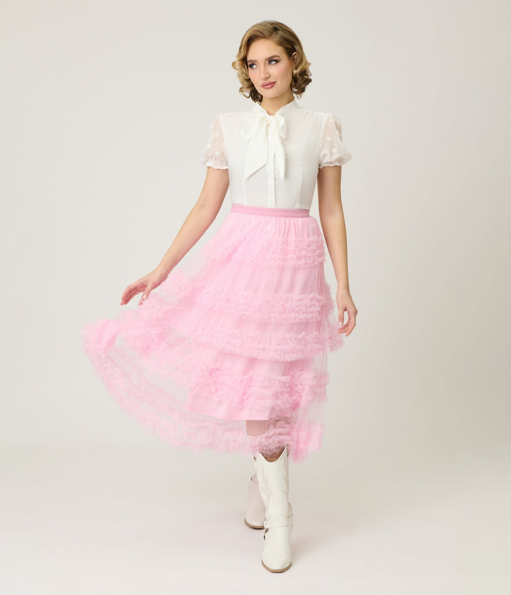 Pink Mesh Ruffled Tier Midi Skirt - Unique Vintage - Womens, BOTTOMS, SKIRTS