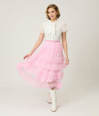 Pink Mesh Ruffled Tier Midi Skirt - Unique Vintage - Womens, BOTTOMS, SKIRTS
