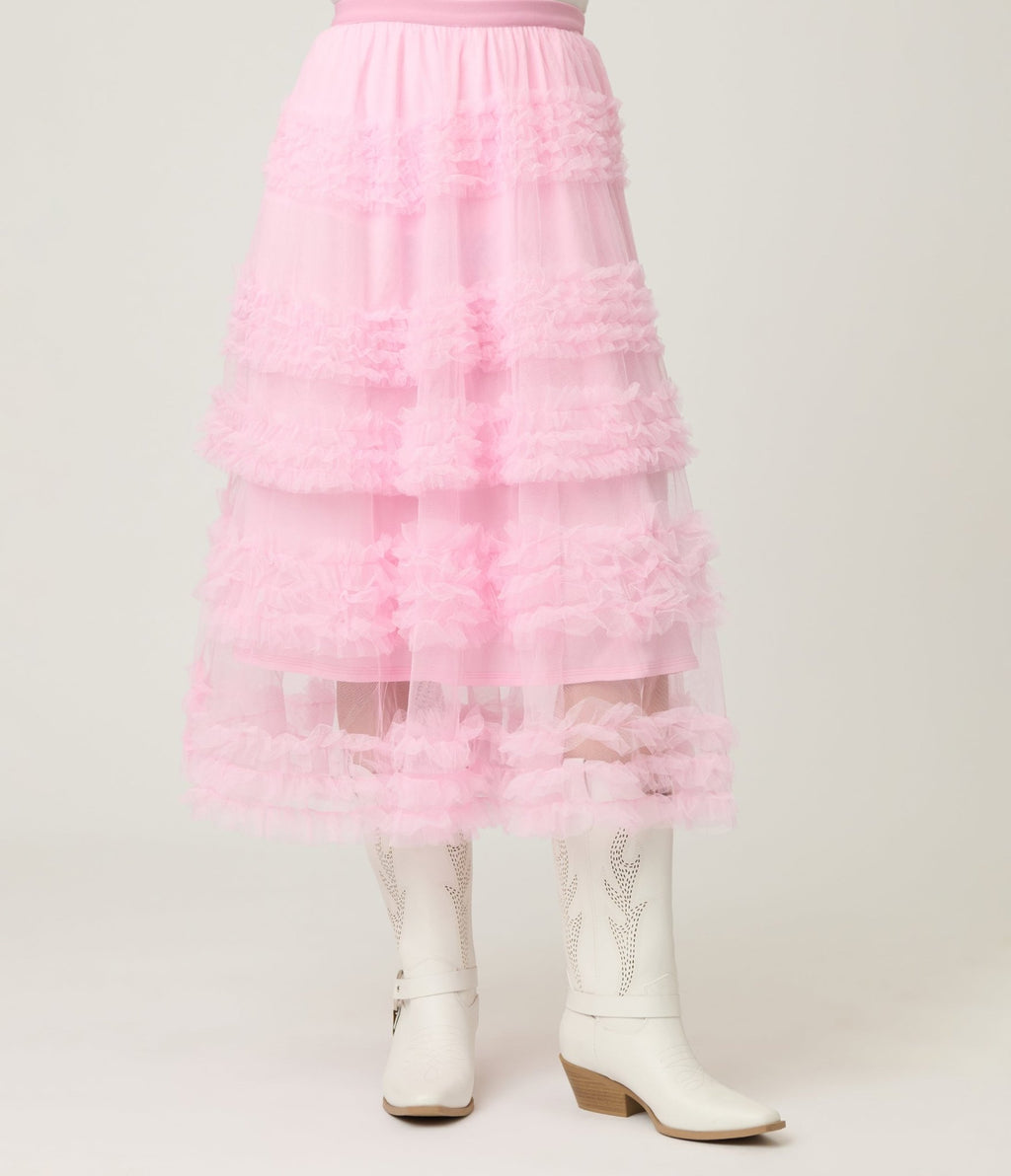 Pink Mesh Ruffled Tier Midi Skirt - Unique Vintage - Womens, BOTTOMS, SKIRTS