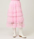Pink Mesh Ruffled Tier Midi Skirt - Unique Vintage - Womens, BOTTOMS, SKIRTS