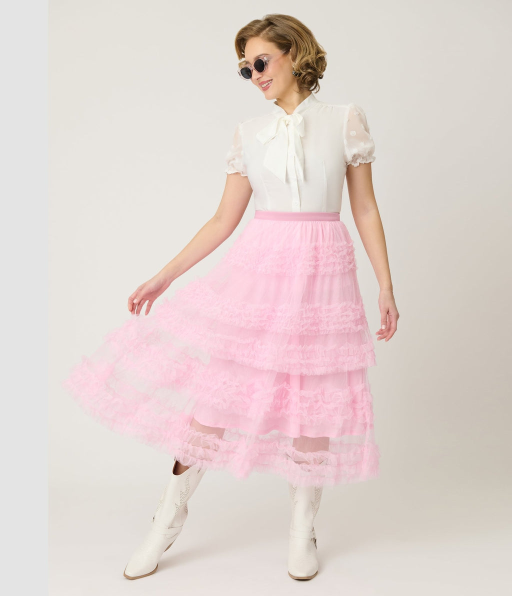 Pink Mesh Ruffled Tier Midi Skirt - Unique Vintage - Womens, BOTTOMS, SKIRTS
