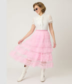 Pink Mesh Ruffled Tier Midi Skirt - Unique Vintage - Womens, BOTTOMS, SKIRTS