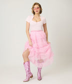 Pink Mesh Ruffled Tier Midi Skirt - Unique Vintage - Womens, BOTTOMS, SKIRTS