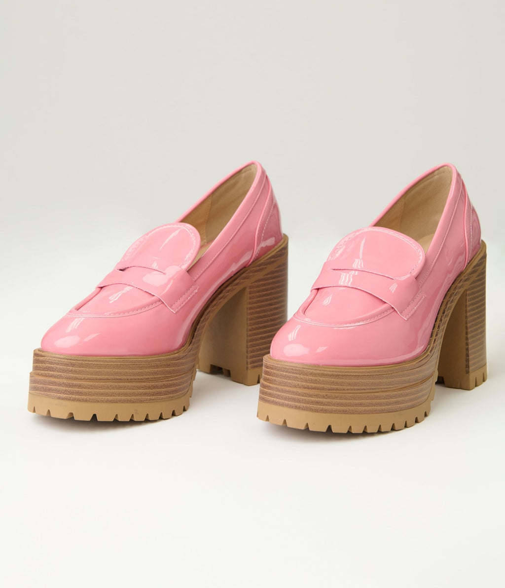 Pink Patent Leatherette Platform Loafers - Unique Vintage - Womens, SHOES, LOAFERS