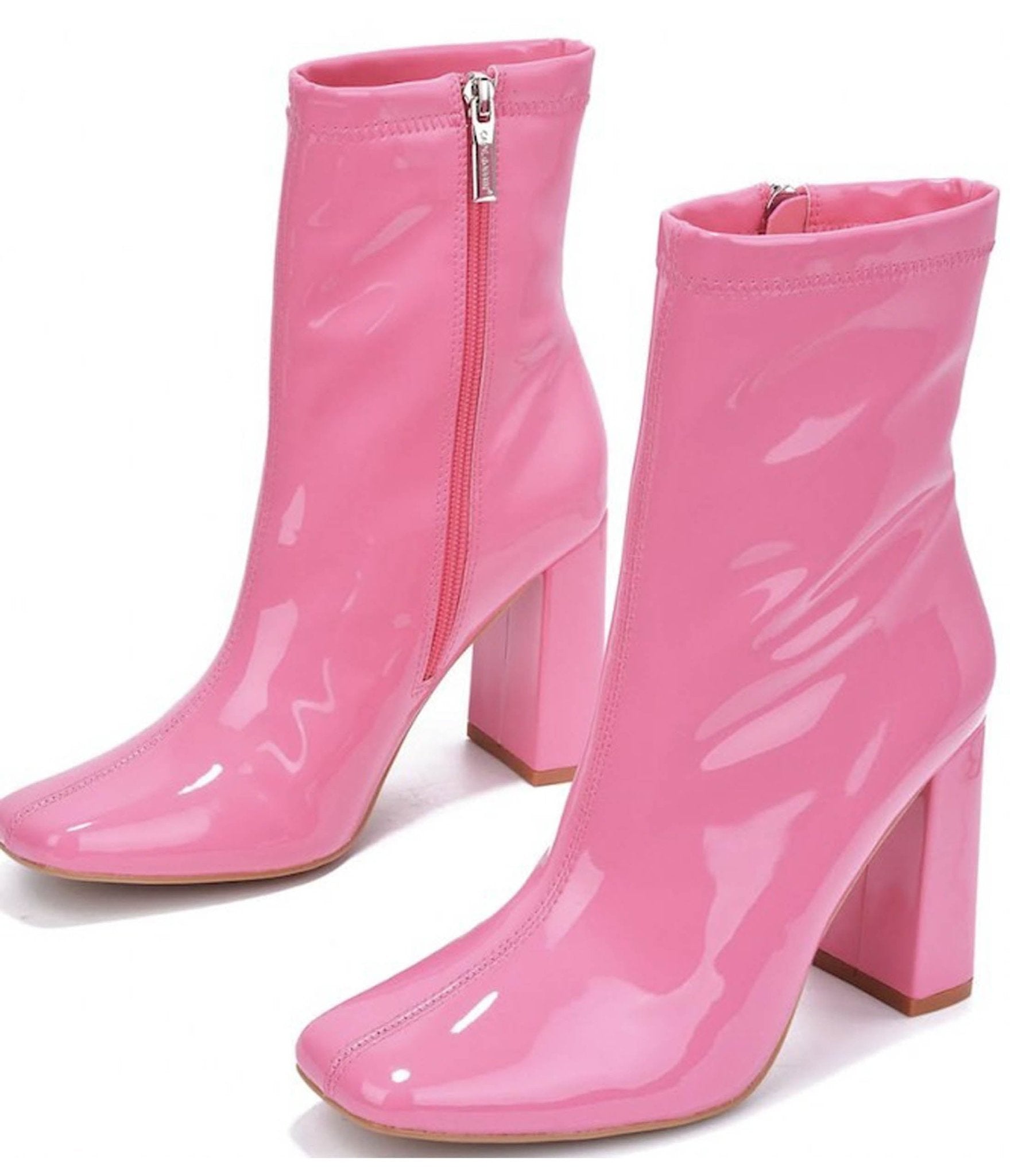 Pink Patent Leatherette Square Toe Belinda Booties - Unique Vintage - Womens, SHOES, BOOTS