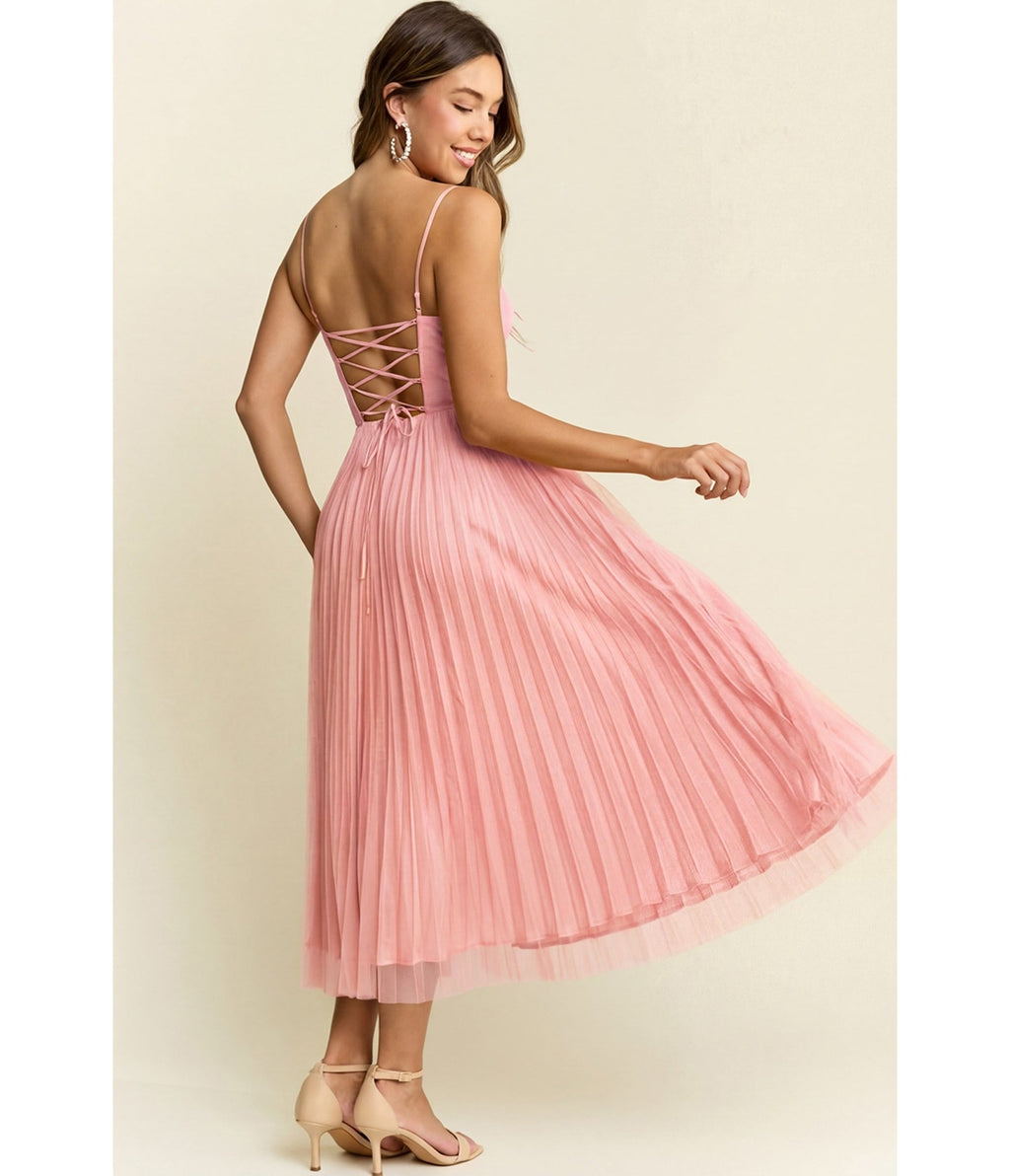 Pink Pleated Tulle Midi Dress - Unique Vintage - Womens