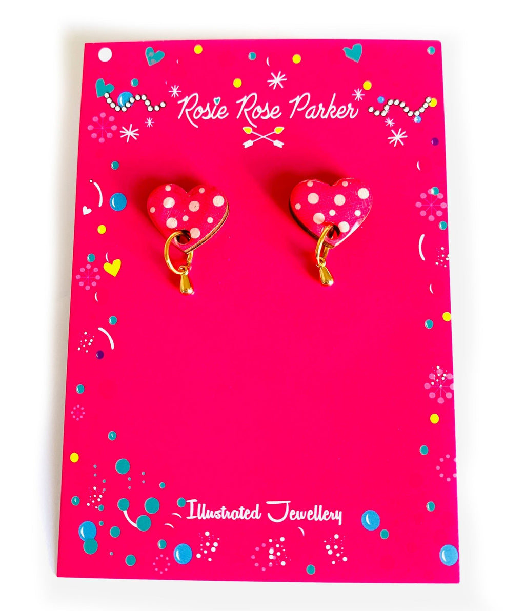 Pink Polka Dot Heart Earrings - Unique Vintage - Womens, ACCESSORIES, JEWELRY