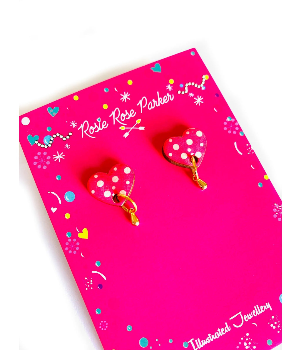 Pink Polka Dot Heart Earrings - Unique Vintage - Womens, ACCESSORIES, JEWELRY