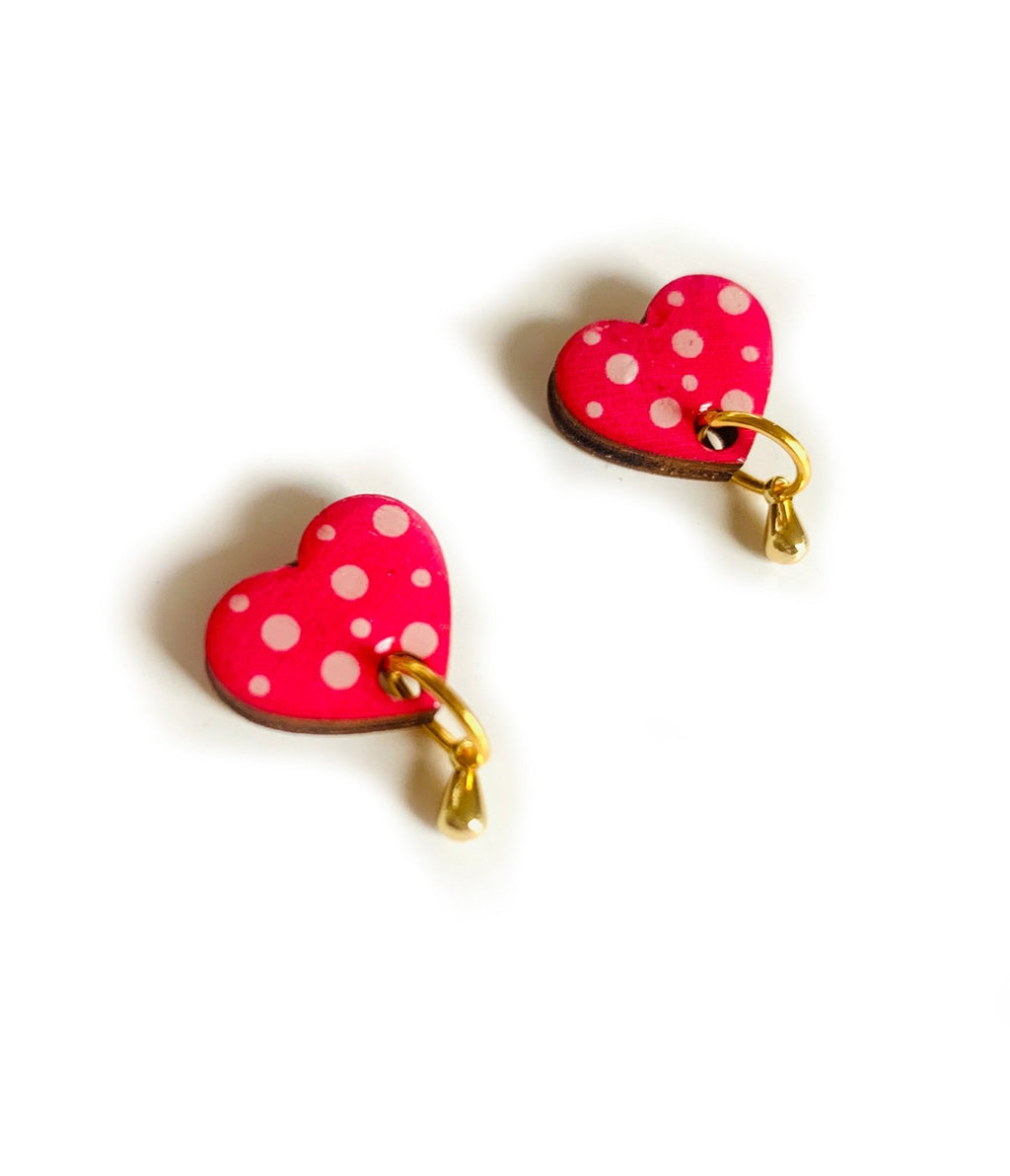 Pink Polka Dot Heart Earrings - Unique Vintage - Womens, ACCESSORIES, JEWELRY