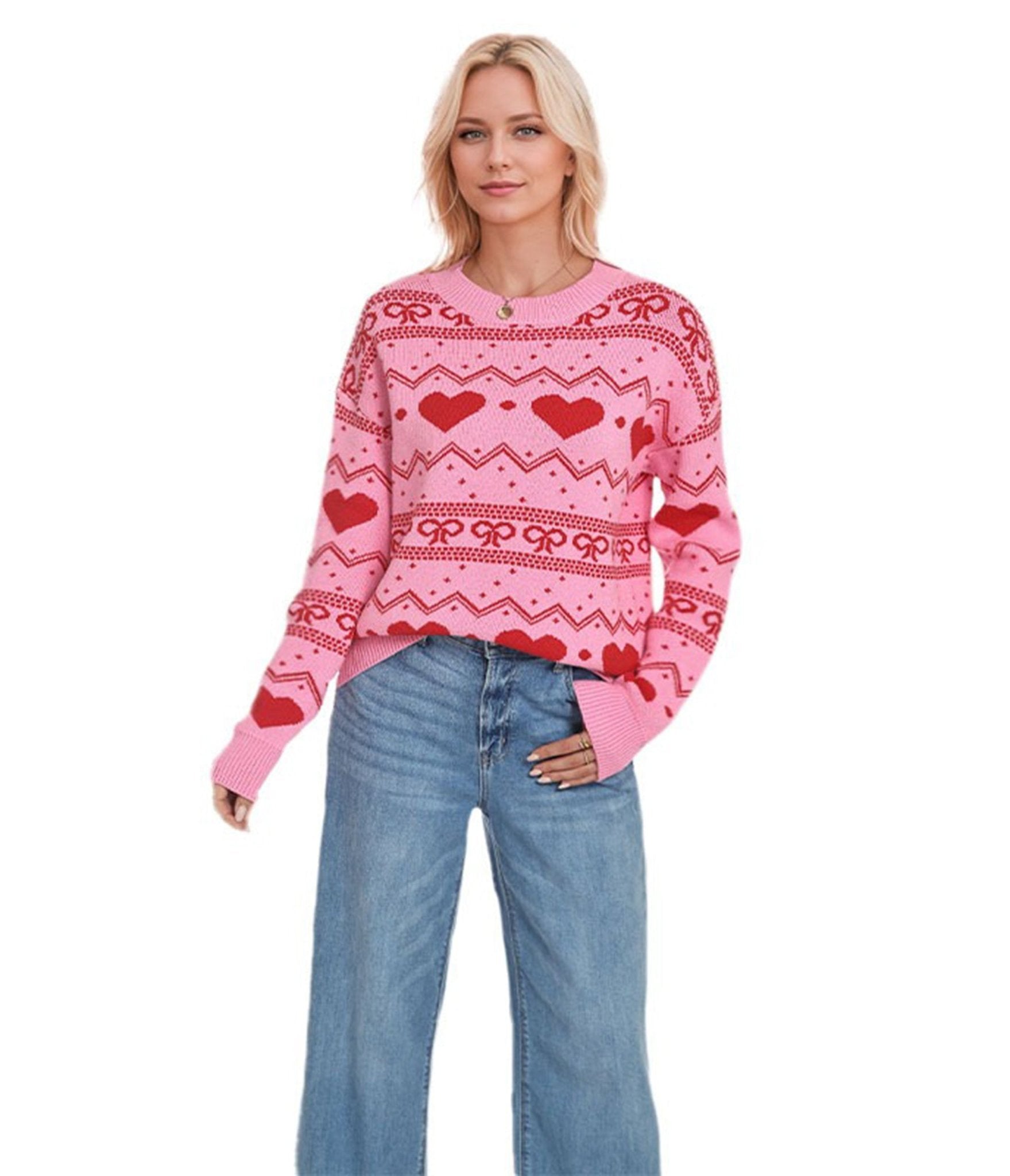 Pink & Red Heart & Bow Fair Isle Sweater - Unique Vintage - Womens, TOPS, SWEATERS
