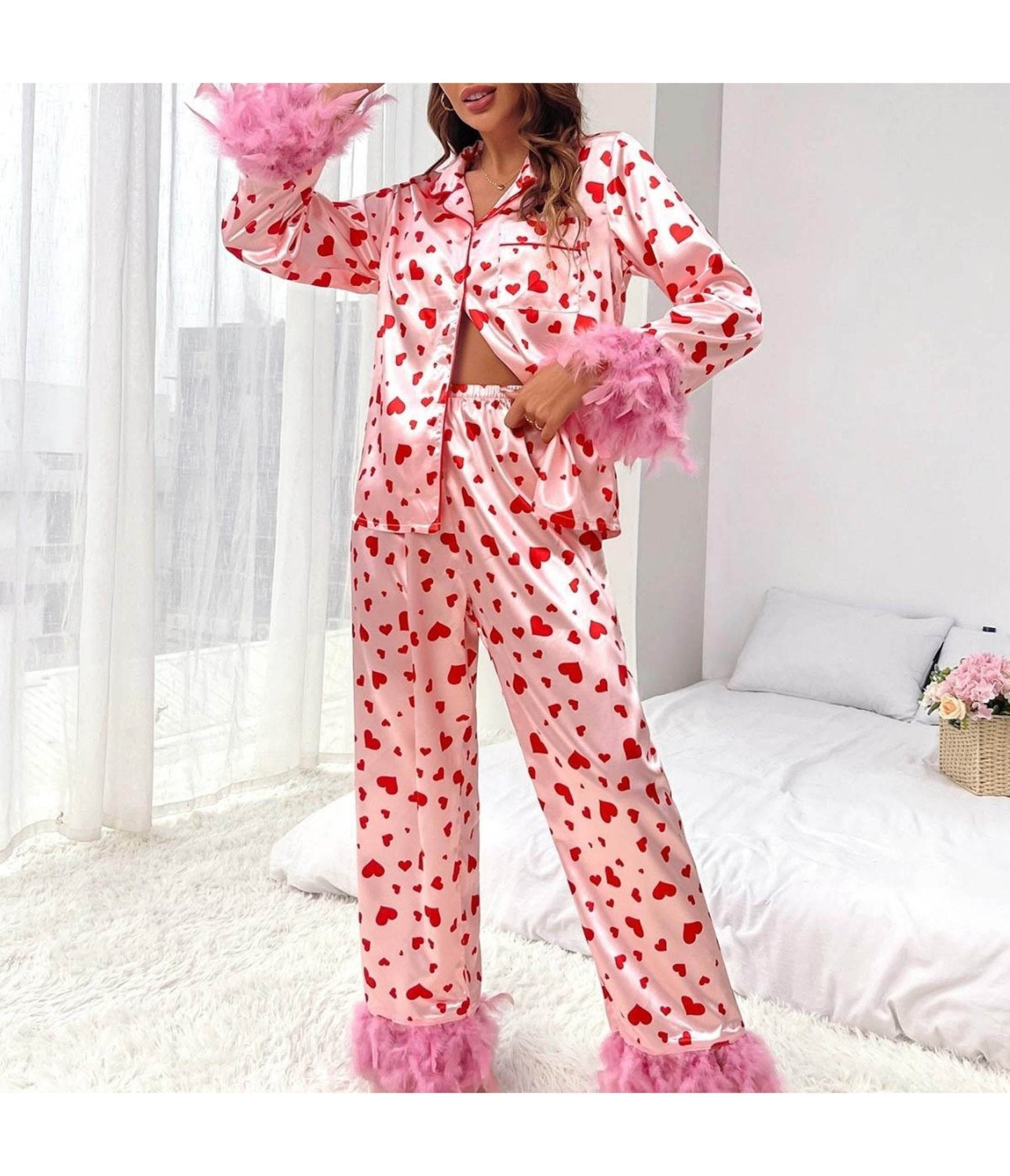 Pink & Red Heart Pajama Set - Unique Vintage - Womens, BOTTOMS, Loungewear