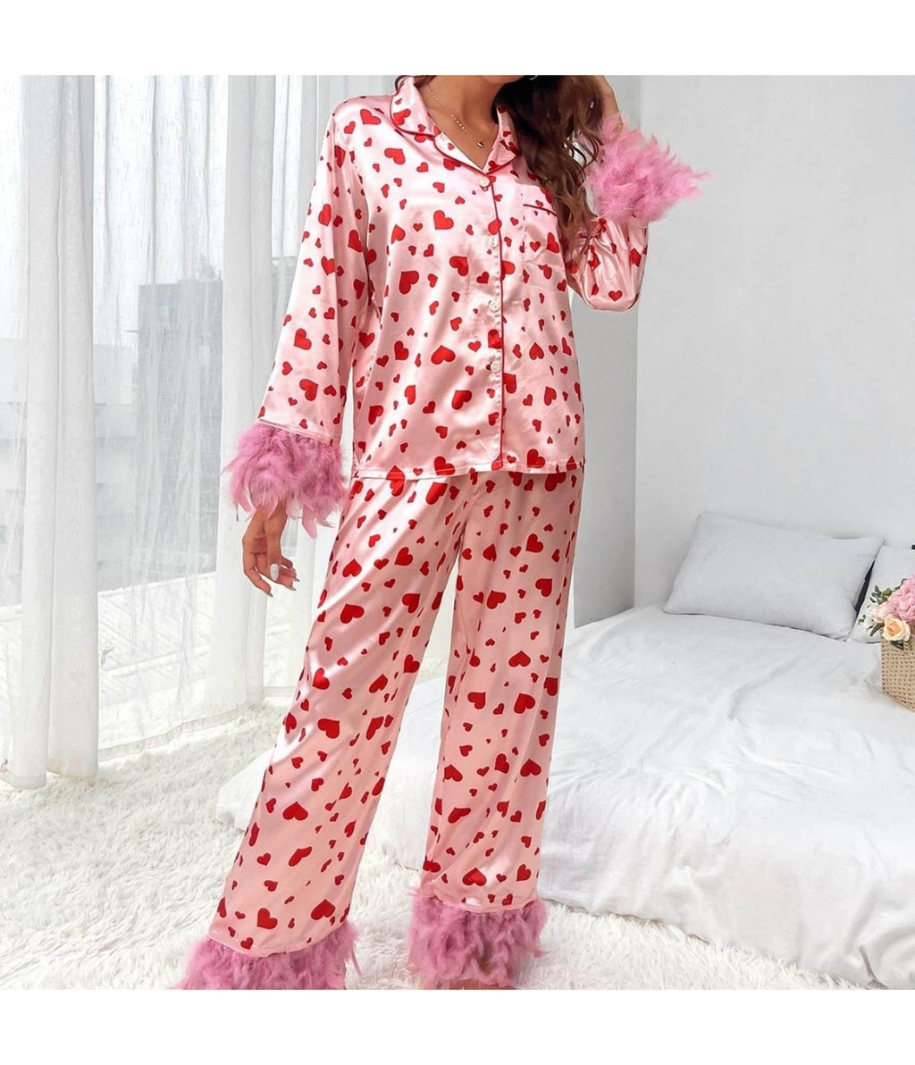 Pink & Red Heart Pajama Set - Unique Vintage - Womens, BOTTOMS, Loungewear