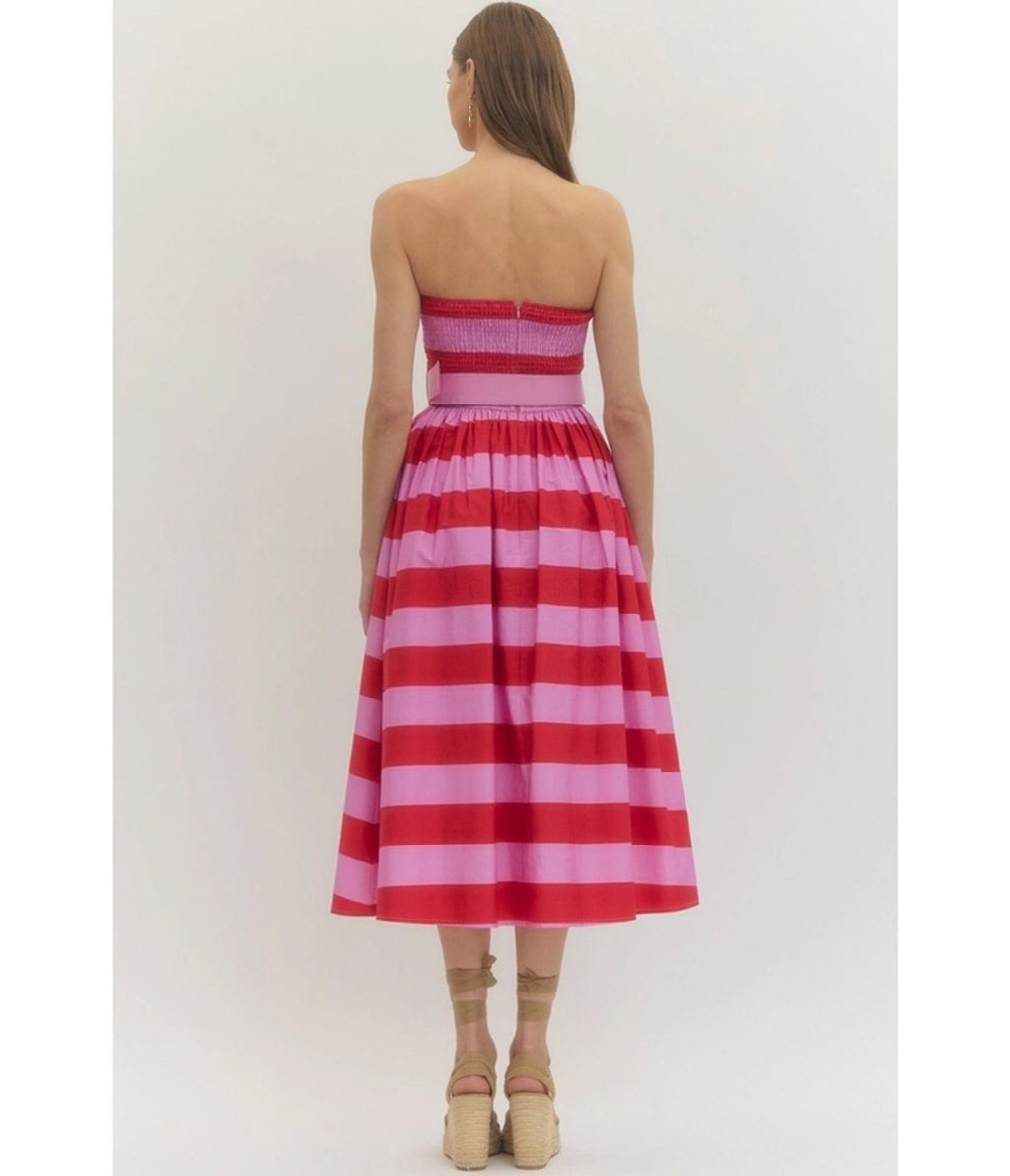 Pink & Red Stripe Strapless Midi Dress - Unique Vintage - Womens, DRESSES, MIDI
