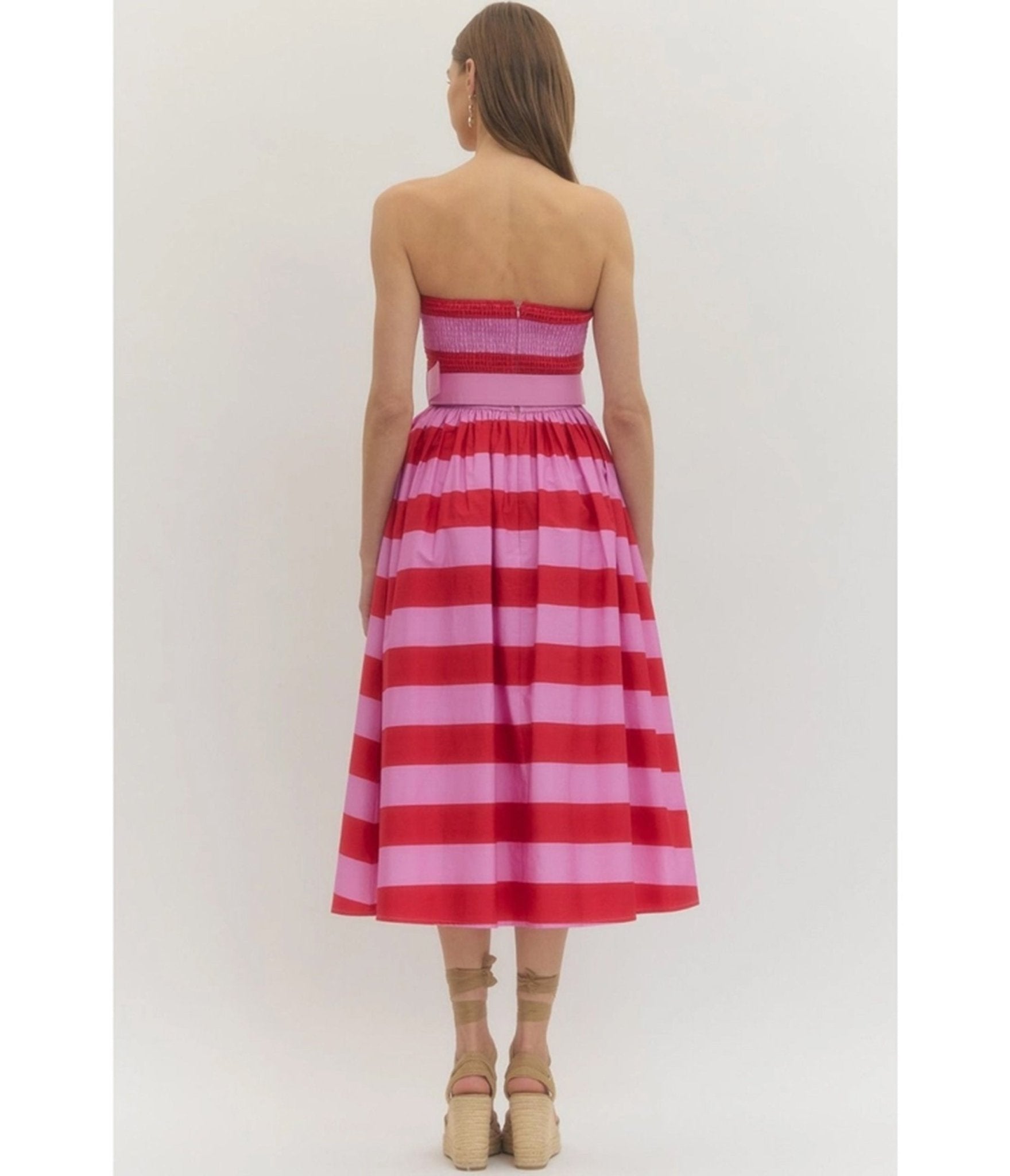Pink & Red Stripe Strapless Midi Dress - Unique Vintage - Womens, DRESSES, MIDI
