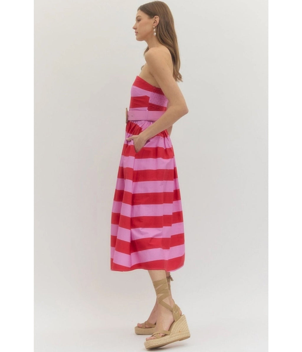 Pink & Red Stripe Strapless Midi Dress - Unique Vintage - Womens, DRESSES, MIDI