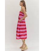 Pink & Red Stripe Strapless Midi Dress - Unique Vintage - Womens, DRESSES, MIDI