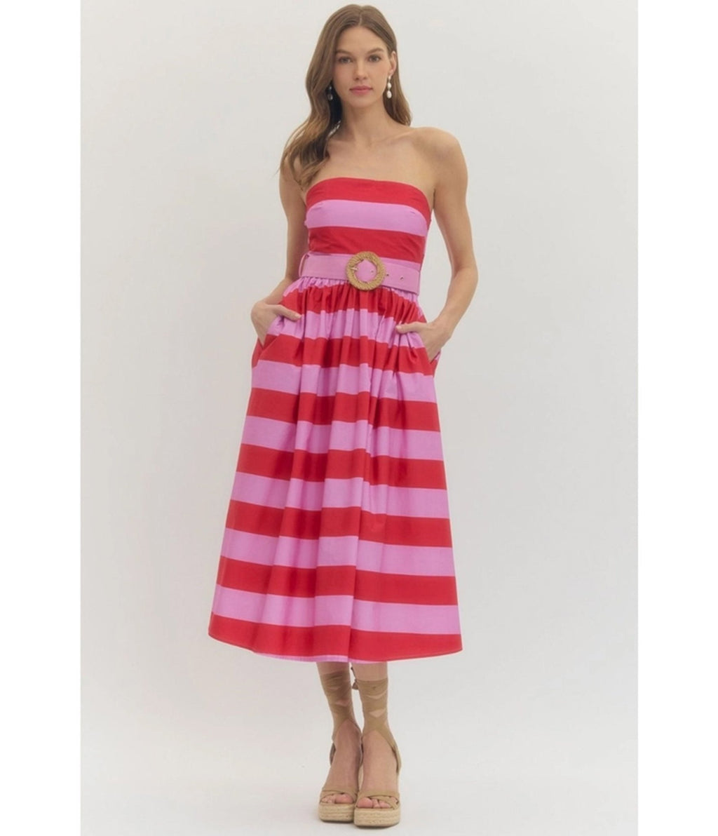 Pink & Red Stripe Strapless Midi Dress - Unique Vintage - Womens, DRESSES, MIDI