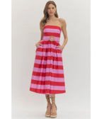 Pink & Red Stripe Strapless Midi Dress - Unique Vintage - Womens, DRESSES, MIDI