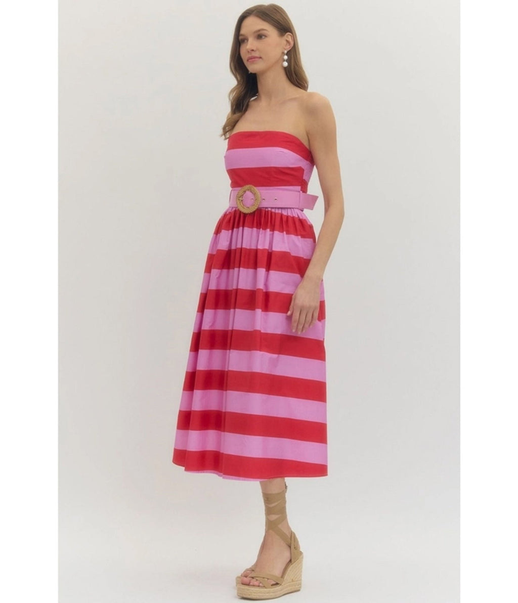 Pink & Red Stripe Strapless Midi Dress - Unique Vintage - Womens, DRESSES, MIDI