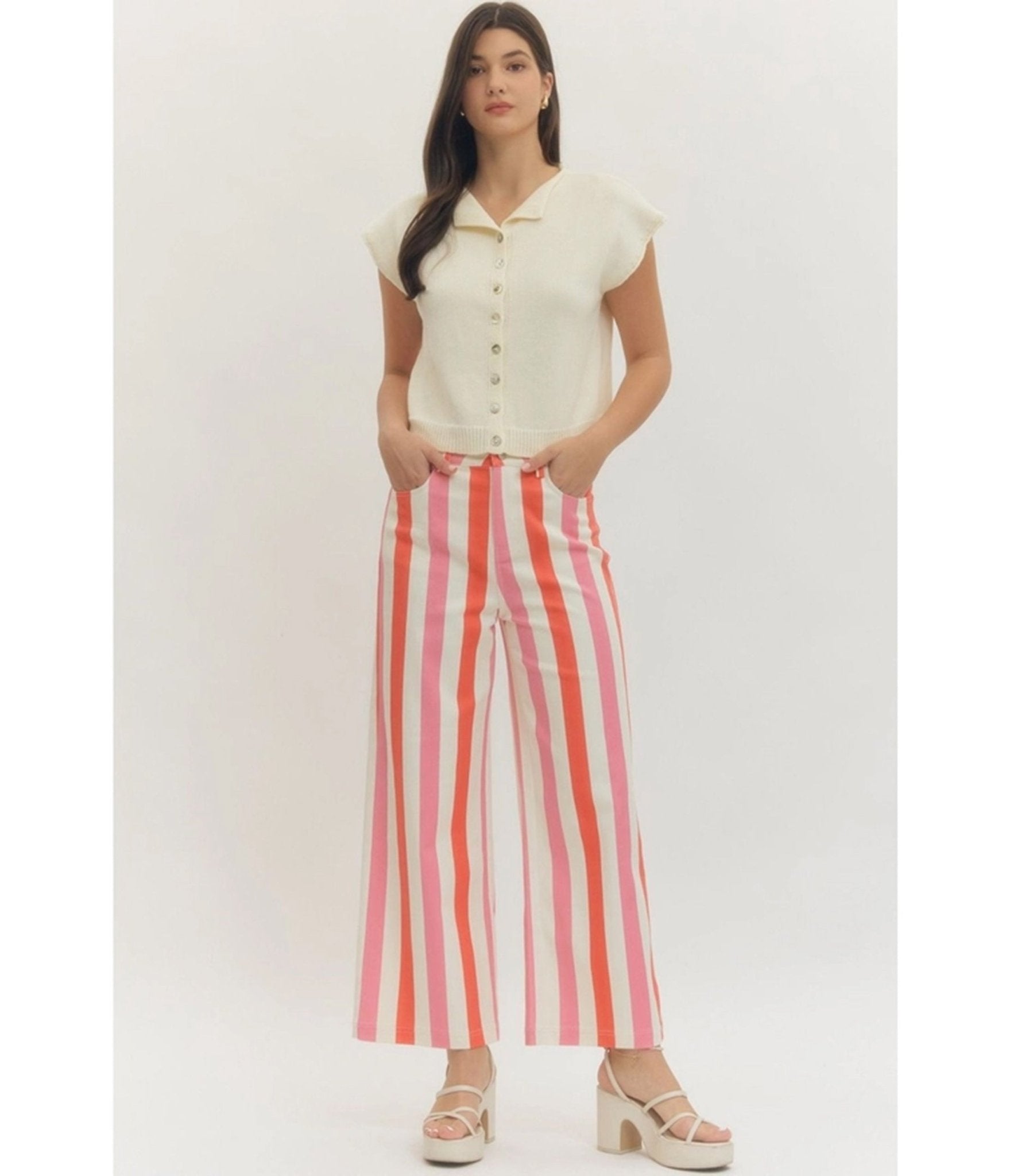 Pink & Red Stripe Wide Leg Pants - Unique Vintage - Womens, BOTTOMS, PANTS
