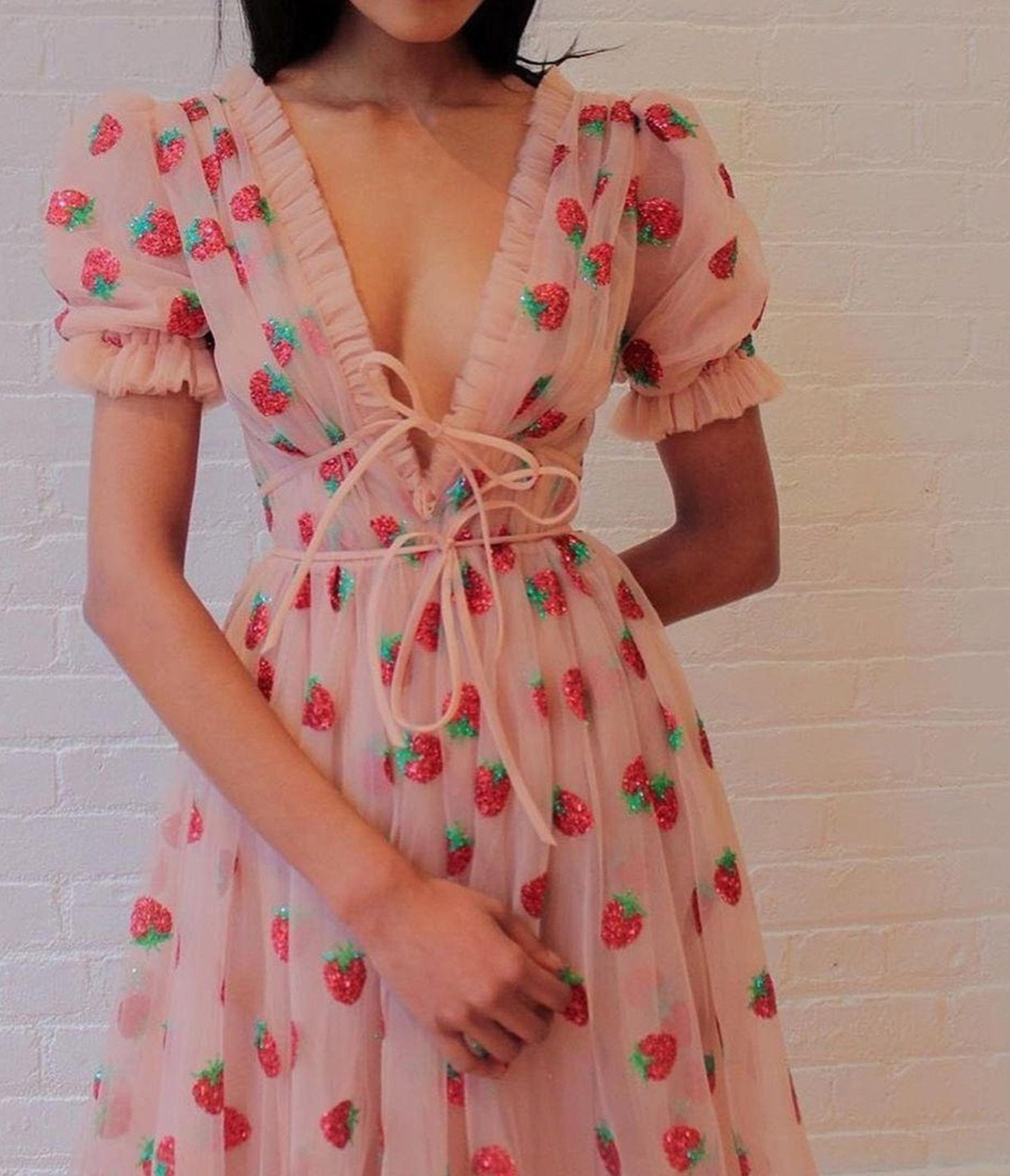 Pink Strawberry Sequin Mesh Midi Dress - Unique Vintage - Womens, DRESSES, PROM AND SPECIAL OCCASION