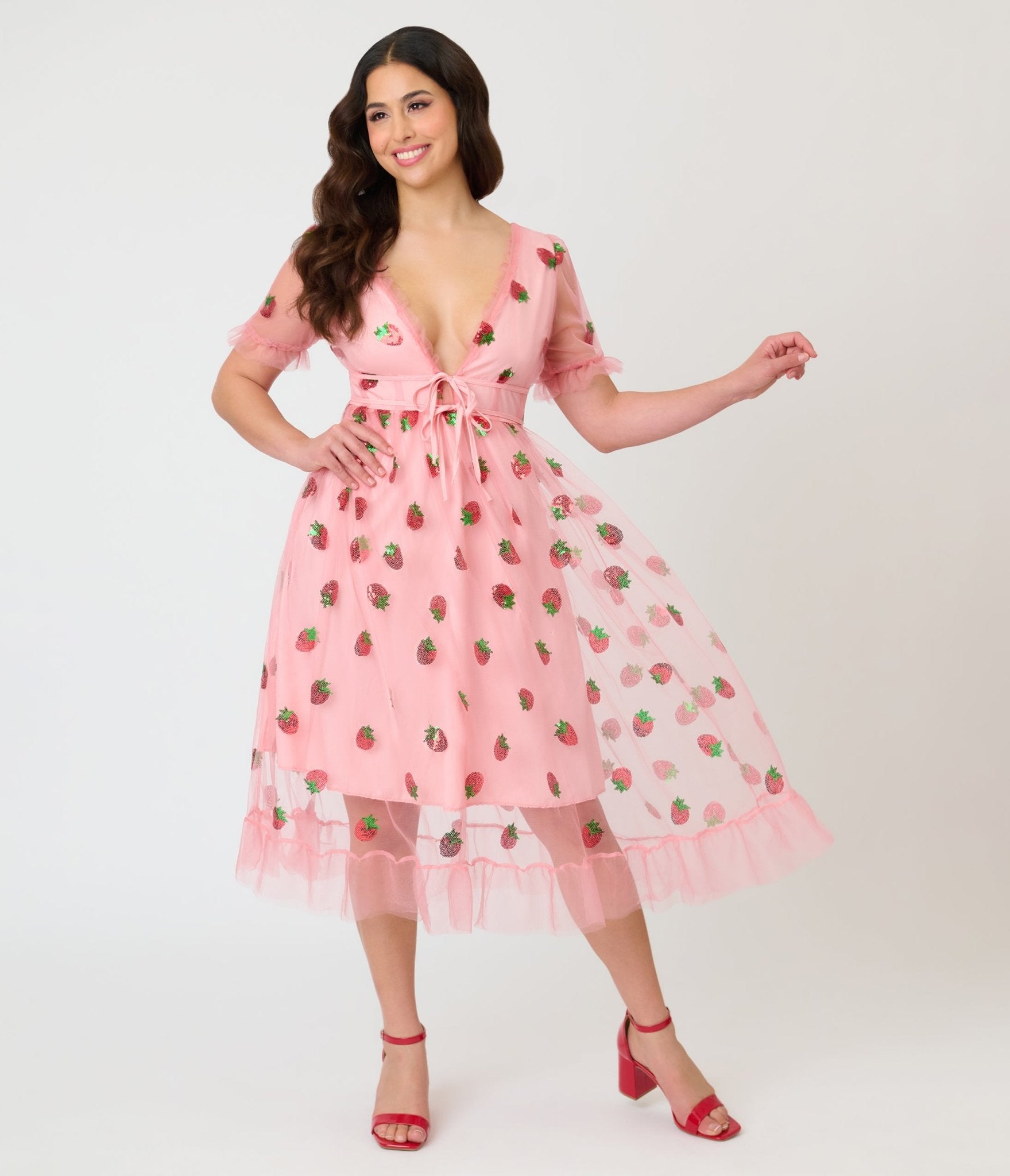 Pink Strawberry Sequin Mesh Midi Dress - Unique Vintage - Womens, DRESSES, PROM AND SPECIAL OCCASION
