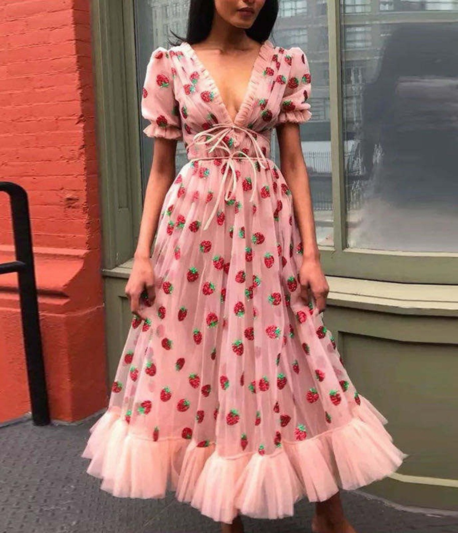 Pink Strawberry Sequin Mesh Midi Dress - Unique Vintage - Womens, DRESSES, PROM AND SPECIAL OCCASION