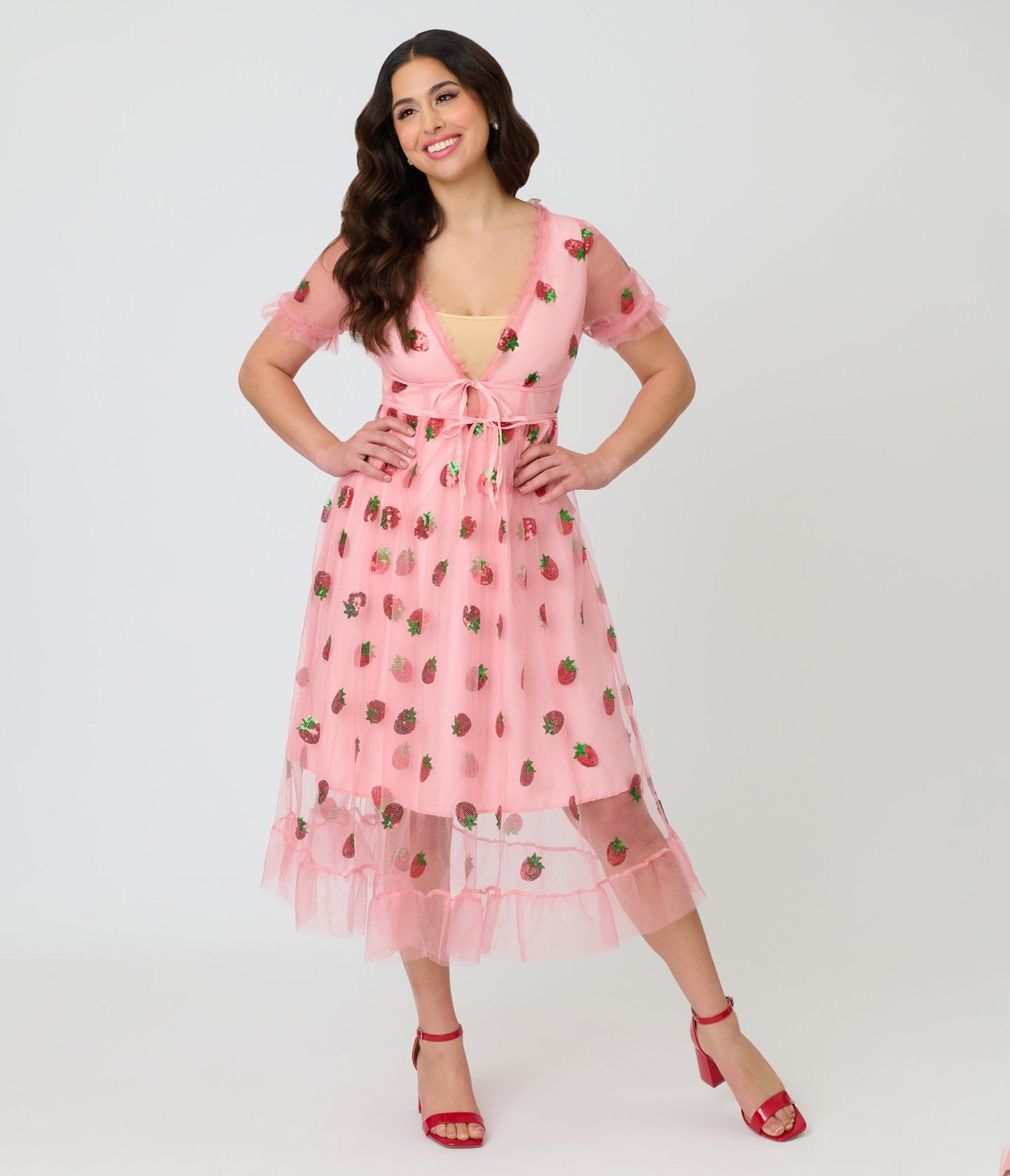 Pink Strawberry Sequin Mesh Midi Dress - Unique Vintage - Womens, DRESSES, PROM AND SPECIAL OCCASION
