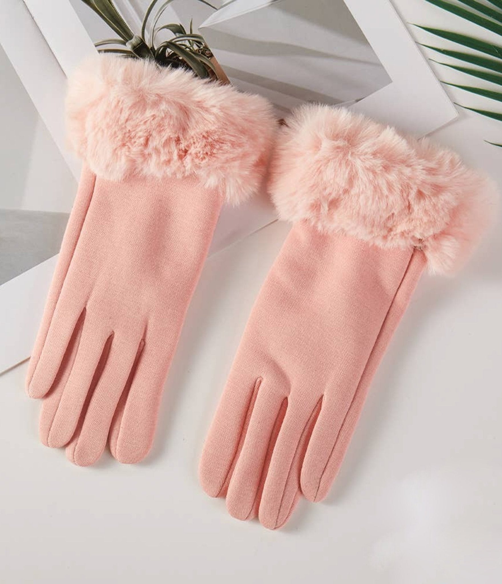 Pink Suede & Faux Fur Cuff Smart Touch Gloves - Unique Vintage - Womens, ACCESSORIES, GLOVES/SCARVES