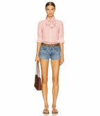 Pink Tie Neck Three Quarter Sleeve Blouse - Unique Vintage - Womens, TOPS, WOVEN TOPS