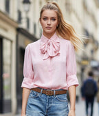 Pink Tie Neck Three Quarter Sleeve Blouse - Unique Vintage - Womens, TOPS, WOVEN TOPS