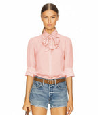 Pink Tie Neck Three Quarter Sleeve Blouse - Unique Vintage - Womens, TOPS, WOVEN TOPS