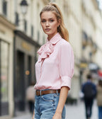 Pink Tie Neck Three Quarter Sleeve Blouse - Unique Vintage - Womens, TOPS, WOVEN TOPS